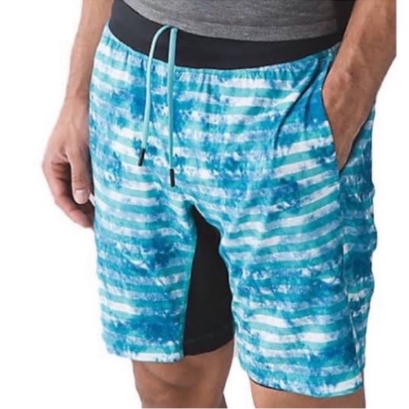 Lululemon T.H.E Shorts liner El Current Tidal Stripe Teal Size L Mens - Picture 2 of 12